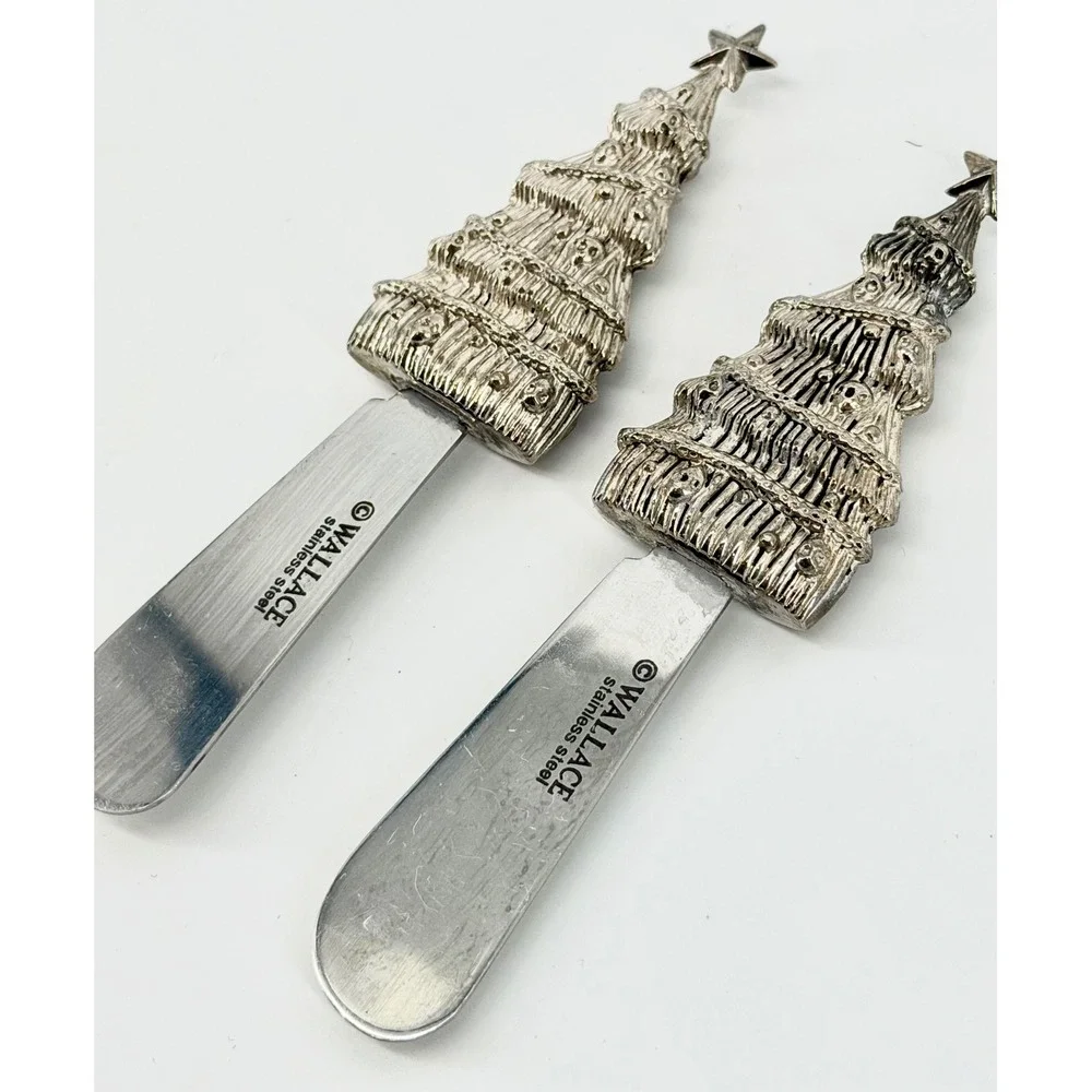 Wallace Christmas Tree Cheese Spreaders Stainless Steel Set of 2 Silver Holiday